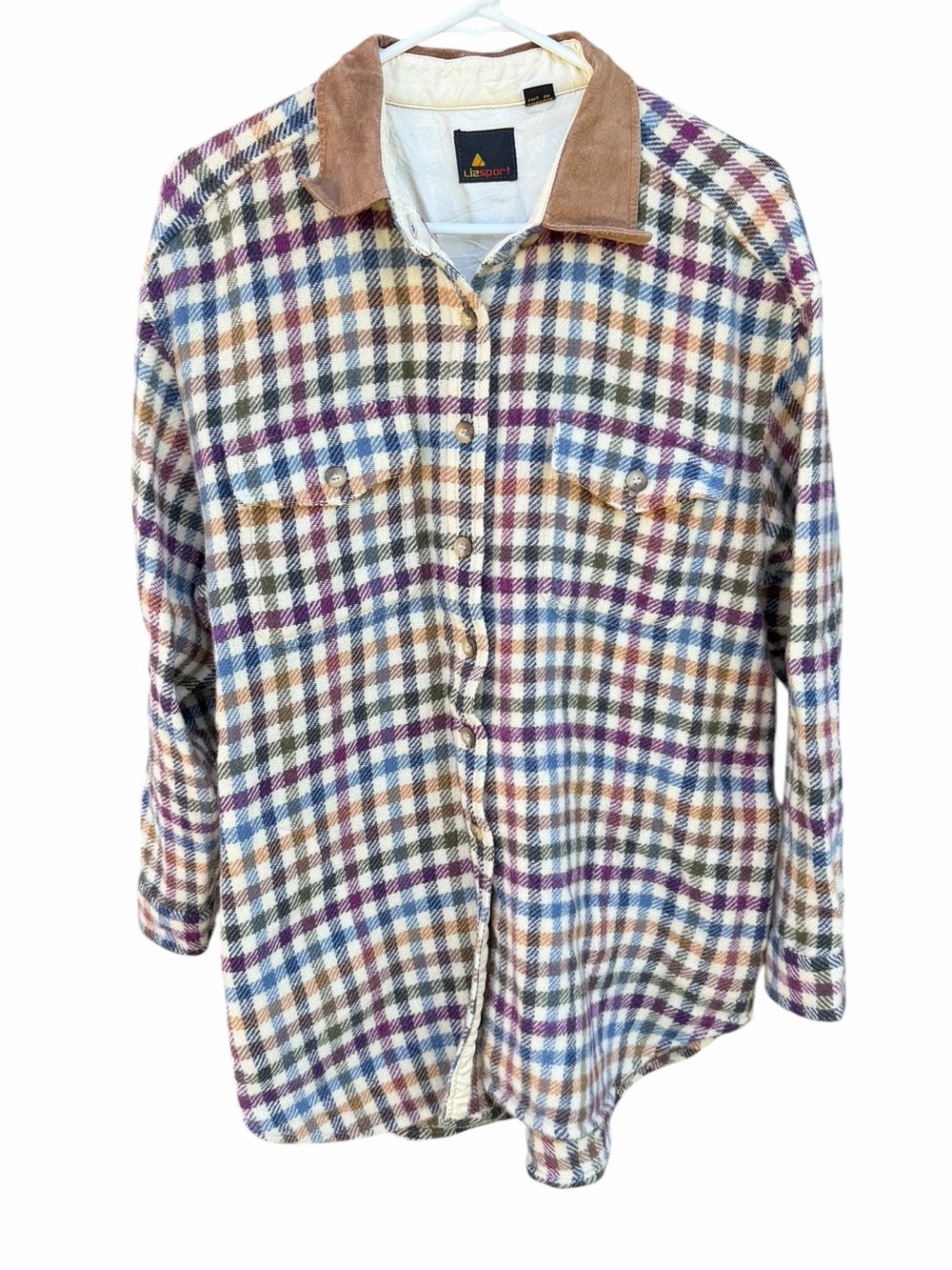 Vintage Lizsport 100% Wool Plaid Check Button Down Suede Collar Fall Large GUC